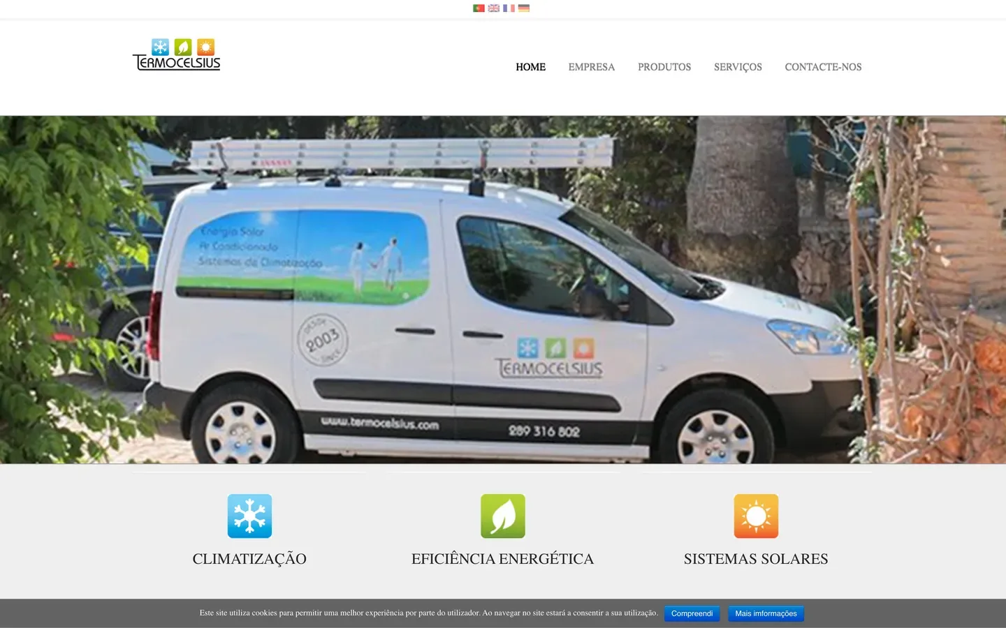 Before: the old Termocelsius homepage, a van photo under a plain menu